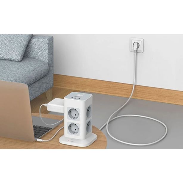 STOLPNA RAZDELILNA VTIČNICA Z 8X AC TESSAN TPS03-DE-C 2X USB-A IN 1X USB-C ' ZAŠČITA PRED PRENAPETOSTJO, KABEL 2 M