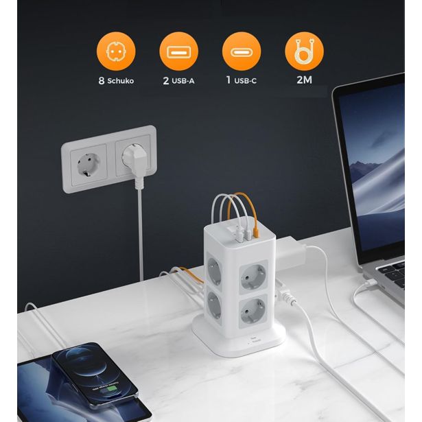 STOLPNA RAZDELILNA VTIČNICA Z 8X AC TESSAN TPS03-DE-C 2X USB-A IN 1X USB-C ' ZAŠČITA PRED PRENAPETOSTJO, KABEL 2 M