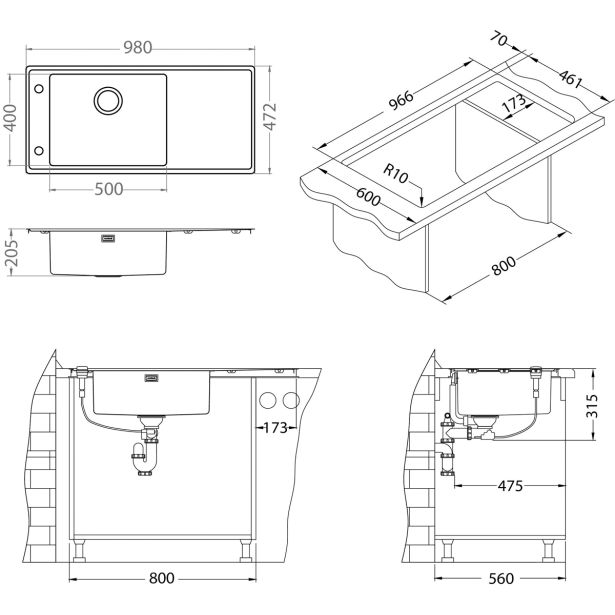 NERJAVNO POMIVALNO KORITO ALVEUS STRICTO 30 980X472 MM, DESNI