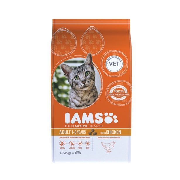 SUHA HRANA ZA MAČKA IAMS BRIKETI, ODRASLE MAČKE PIŠČANEC, 1.5KG