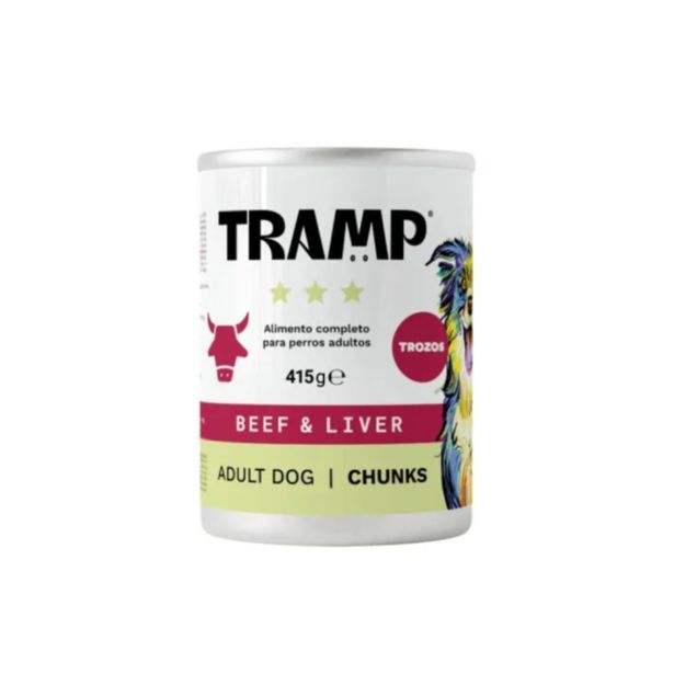 SUHA HRANA ZA PSE TRAMP 3* DOG CHUNKS BEEF & LIVER KOŠČKI GOVEDINE IN JETER ZA ODRASLE PSE, 8 X 415 G