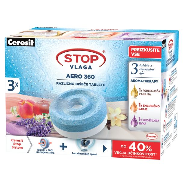 CERESIT STOP VLAGI -  AERO 360° "SIVKA, SADJE, VANILIJA" 3X450 G  2 + 1 GRATIS "AROMATHERAPY PACK"