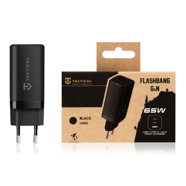 TACTICAL ADAPTER HIŠNI POLNILEC FLASHBANG GUN QC 65W VHOD 1X USB A IN 2X TYPE C - ORIGINAL (EU BLISTER) ČRN