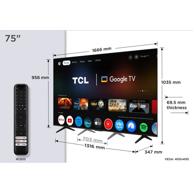 TELEVIZOR TCL 4K QLED TV 75P71K GOOGLE DOLBY VISION & ATMOS