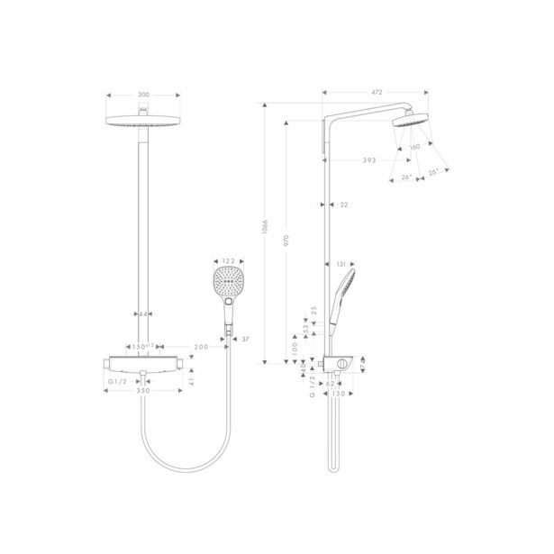 PIPA ZA TUŠ KAD HANSGROHE RAINDANCE SELECT 300 STOJ PRAVOKOTNA, PRHA, GIB.CEV