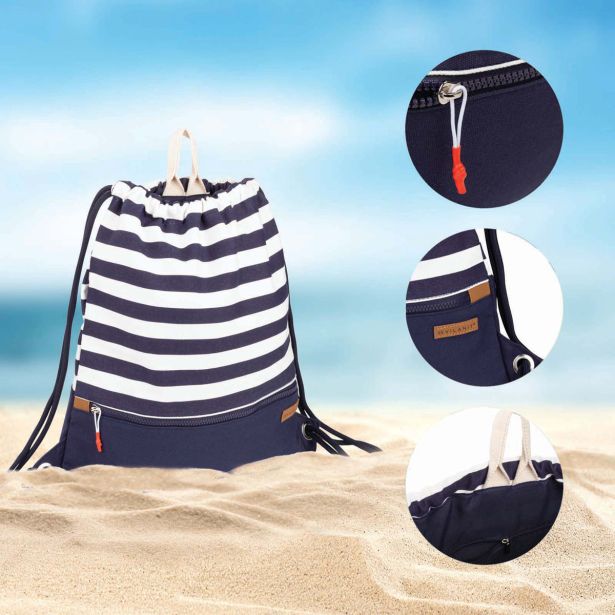 TORBA ZA NA PLAŽO SVILANIT VREČA Z NARAMNICAMI STRIPES MODRO-BELA