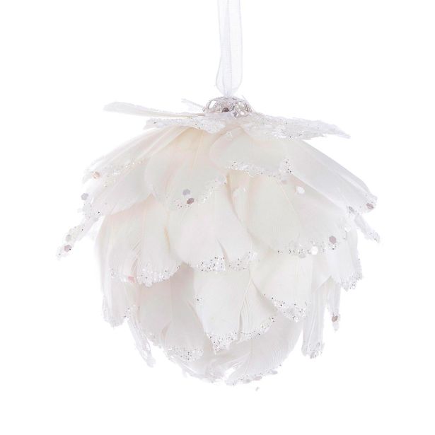 BUNKA ZA NOVOLETNO JELKO BELE BARVE S PERJEM IN BLEŠČICAMI, FI 80 MM
