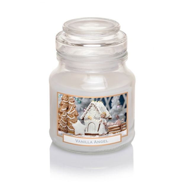 SVEČA V KOZARCU MULLER VANILIJA ANGEL S POKROVOM