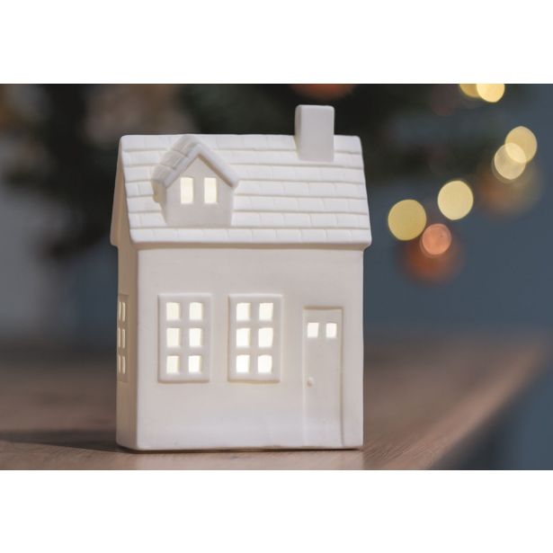 VASICA EMOS LED KERAMIČNA HIŠICA 18CM TOPLO BELA, ČASOVNIK