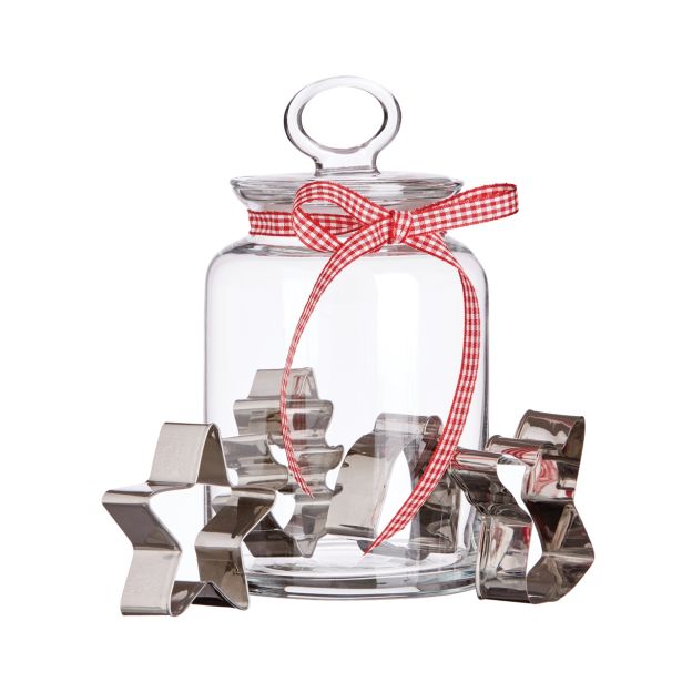 VEČNAMENSKA DOZA 1.5 L STEKLENA Z MODELČKI ZA PIŠKOTE