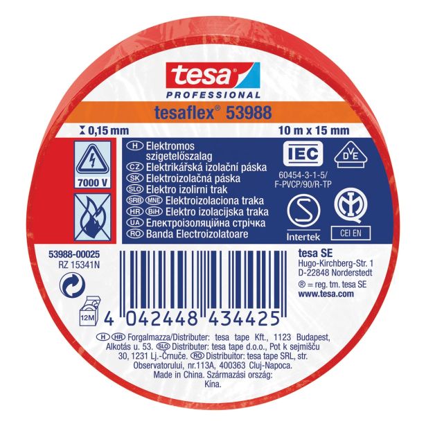 VEČNAMENSKI LEPILNI TRAK TESA ELEKTRO IZOLIRNI TRAK RDEČ 10MX15MM