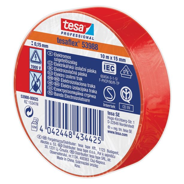 VEČNAMENSKI LEPILNI TRAK TESA ELEKTRO IZOLIRNI TRAK RDEČ 10MX15MM