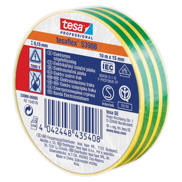 VEČNAMENSKI LEPILNI TRAK TESA ELEKTRO IZOLIRNI TRAK RUMENO/ZELEN 10MX15MM