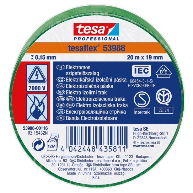 VEČNAMENSKI LEPILNI TRAK TESA ELEKTRO IZOLIRNI TRAK ZELEN 20MX19MM