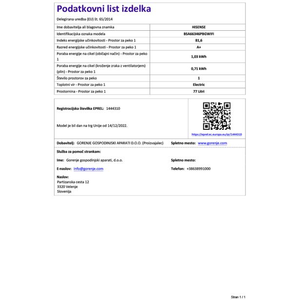 PEČICA HISENSE BSA66346PDBGWIFI