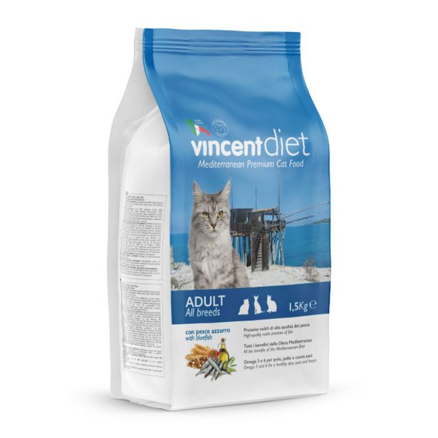 VINCENT DIET CAT ADULT ZA ODRASLE MAČKE, S PIŠČANCEM IN PLAVO RIBO 1,5KG