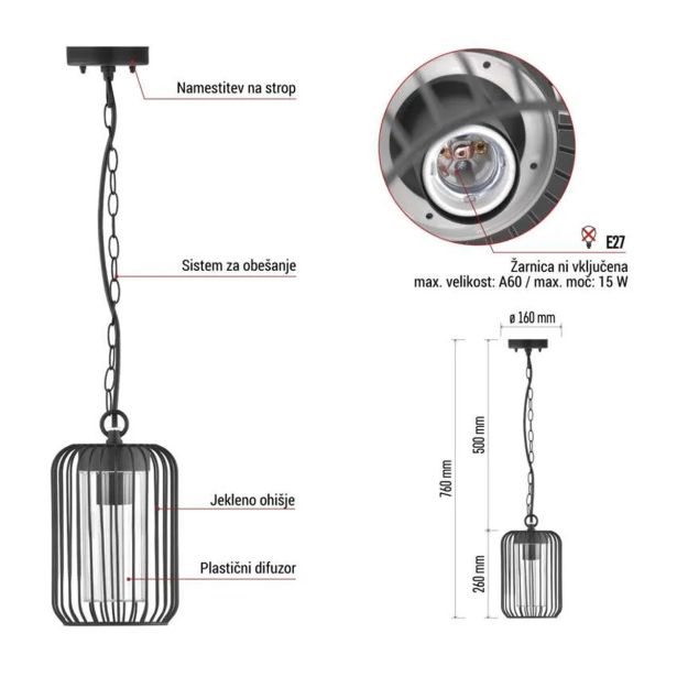 VISEČA VRTNA SVETILKA EMOS LED E27,IP44,MAX 15W PENDANT