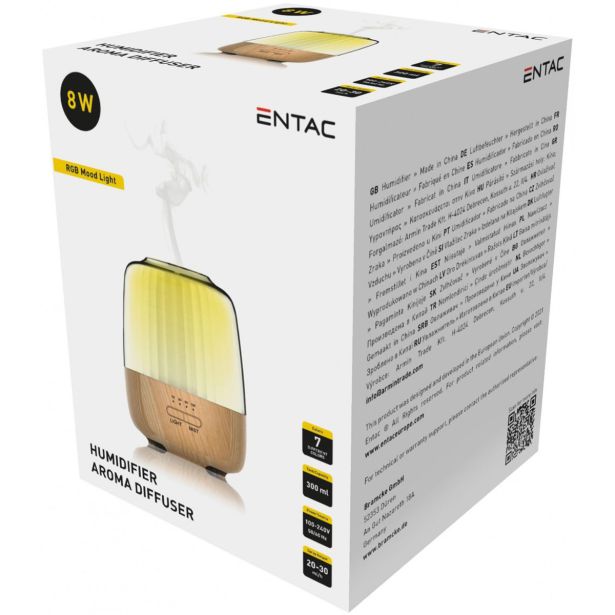 VLAŽILNIK ZRAKA ENTAC 300ML WOOD DECOR RGB 8W USB 7 BARV