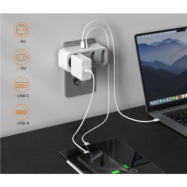 VTIČNI RAZDELILEC TESSAN 324C 1X SCHUKO + 2X EURO VTIČNICI, 1X USB-A, 1X USB-C