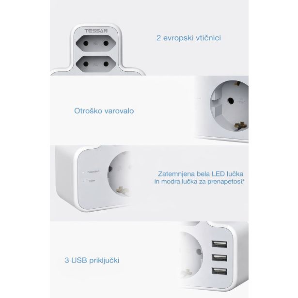 VTIČNI RAZDELILEC TESSAN 327 1X SCHUKO + 2X EURO VTIČNICI, 3X USB-A