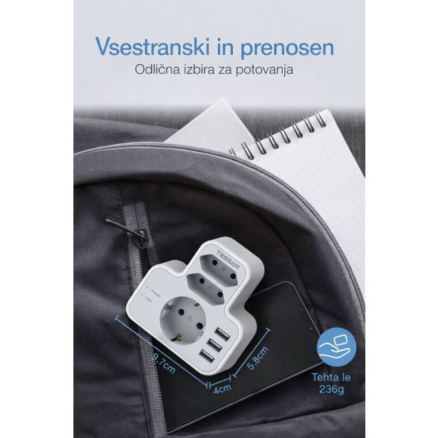 VTIČNI RAZDELILEC TESSAN 327 1X SCHUKO + 2X EURO VTIČNICI, 3X USB-A