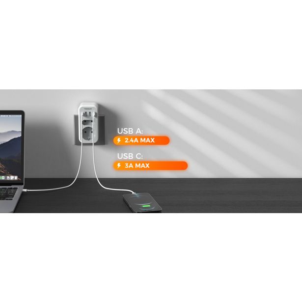 VTIČNI RAZDELILEC TESSAN 328 2X VTIČNICA (SCHUKO + EURO), 3X USB-A, 1X USB-C