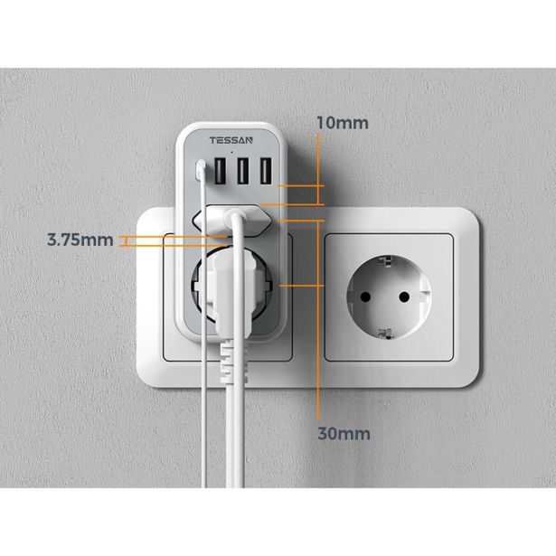 VTIČNI RAZDELILEC TESSAN 328 2X VTIČNICA (SCHUKO + EURO), 3X USB-A, 1X USB-C