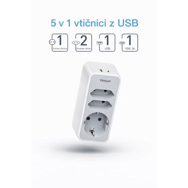 VTIČNI RAZDELILEC TESSAN 330C 1X SCHUKO + 2X EURO VTIČNICI, 1X USB-A, 1X USB-C