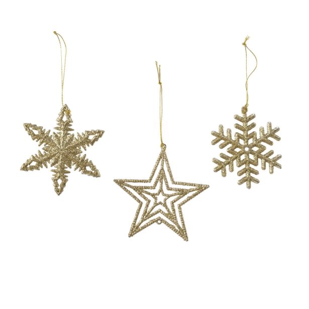 OKRASEK ZA JELKO ZVEZDE/SNEŽINKE ZLATE 10 ALI 8.5CM SORT