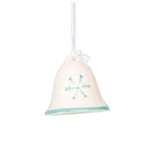 OKRASEK ZA JELKO GLOSSTYLE ZVONEC KERAMIČNI 5 CM BEŽ Z ZELENIM DEKORJEM