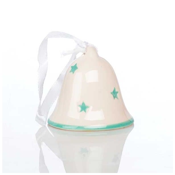 OKRASEK ZA JELKO GLOSSTYLE ZVONEC KERAMIČNI 5 CM BEŽ Z ZELENIM DEKORJEM