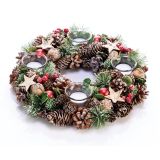 RDEČE ZLAT ZASNEŽEN ADVENTNI VENEC FI 34 CM S 4 KOZARČKI