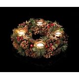 RDEČE ZLAT ZASNEŽEN ADVENTNI VENEC FI 34 CM S 4 KOZARČKI