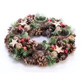 RDEČE ZLAT ZASNEŽEN ADVENTNI VENEC FI 34 CM S 4 KOZARČKI