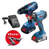AKUMULATORSKI VRTALNI VIJAČNIK BOSCH GSR 180-LI + AKUMULATORSKI UDARNI VIJAČNIK GDX 180 LI + VEČNAMENSKO ORODJE 'SWISS PEAK'