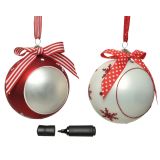 STEKLENA BUNKA V BELI/RDEČI BARVI S PENTLJO IN FLOMASTROM, PREMER 100 MM