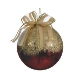 BUNKA IZ UMETNE MASE RDEČE BARVE Z DEKORJEM IN PENTLJO, PREMER 80 MM