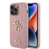 SILIKONSKI OVITEK ZA IPHONE 15 PRO MAX - GUESS ROZA Z BLEŠČICAMI IN ZLATIM LOGOM