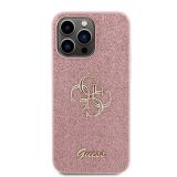 SILIKONSKI OVITEK ZA IPHONE 15 PRO MAX - GUESS ROZA Z BLEŠČICAMI IN ZLATIM LOGOM