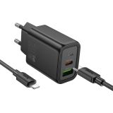 HOCO POLNILEC N61 GAN PD 20W USB-A, TYPE C S KABLOM TYPE C NA LIGHTNING ZA IPHONE - ČRN