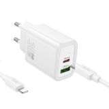 HOCO POLNILEC N63 GAN PD 30W USB-A, TYPE C S KABLOM TYPE C NA LIGHTNING ZA IPHONE - BEL