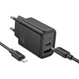 HOCO POLNILEC N63 GAN PD 30W USB-A, TYPE C S KABLOM TYPE C NA LIGHTNING ZA IPHONE - ČRN
