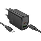 HOCO POLNILEC N63 GAN PD 30W USB-A, TYPE C S KABLOM TYPE C NA TYPE C ZA SAMSUNG - ČRN