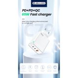 JELLICO HIŠNI POLNILEC ADAPTER C79 220V GUN QUICK CHARGE PD 65W VHOD 1X USB A IN 2X TYPE C - S KABLOM TYPE C NA TYPE C BEL