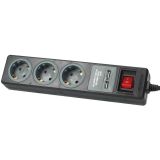 PODALJŠEK GSC TROJNI + STIKALO ČRN 1.4M 2XUSB