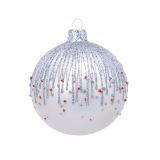 STEKLENA BUNKA DECORIS BELE BARVE SREBRNI POSIP FI 8 CM