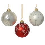 STEKLENA BUNKA DECORIS FI 8 CM, RDEČA, BELA VZOREC, SORTIRANO