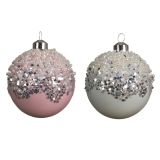 STEKLENA BUNKA V BELI/ROZA BARVI S POSIPOM, PREMER 80 MM