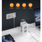 STOLPNA RAZDELILNA VTIČNICA Z 8X AC TESSAN TPS03-DE-C 2X USB-A IN 1X USB-C ' ZAŠČITA PRED PRENAPETOSTJO, KABEL 2 M