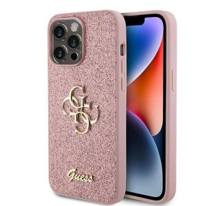 SILIKONSKI OVITEK ZA IPHONE 15 PRO MAX - GUESS ROZA Z BLEŠČICAMI IN ZLATIM LOGOM